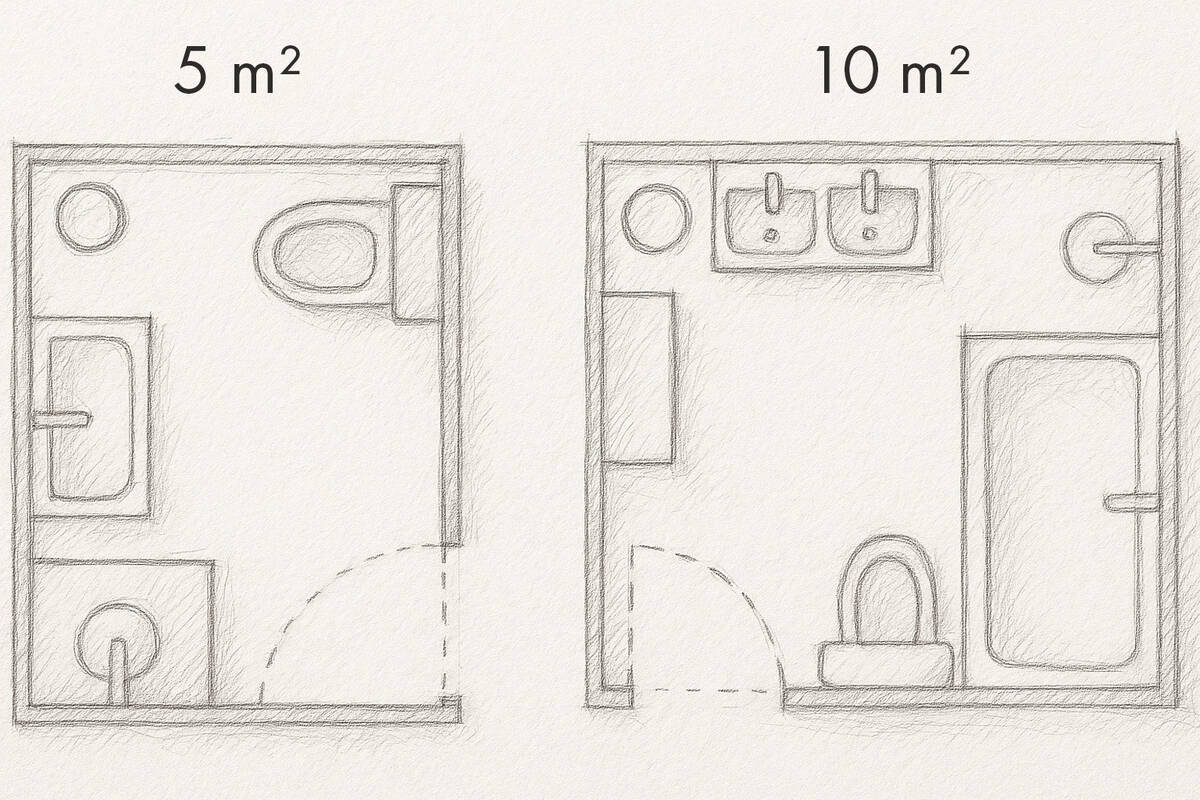 Petite salle de bains élégante avec motifs géométriques au mur, tons chauds et détails élégants.