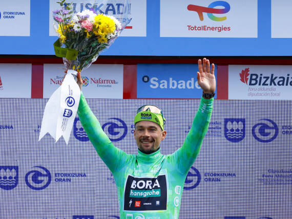 Primoz Roglic at the Tour of the Basque Country podium ceremony.