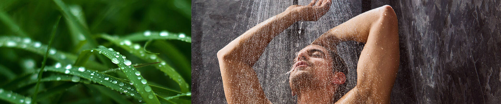 Mann duscht mit EcoSmart Kopfbrause von hansgrohe.