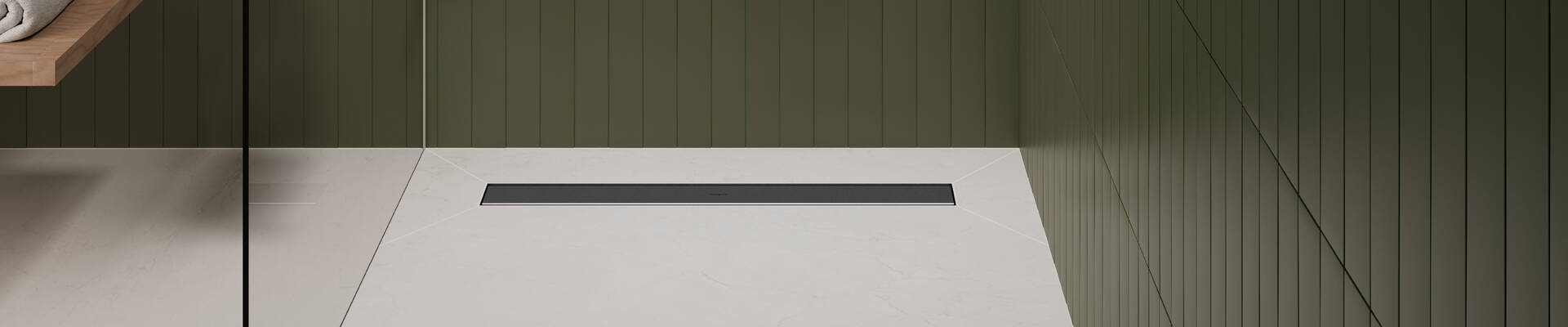  RainDrain Go in Brushed Stainless Steel in the modern shower area.