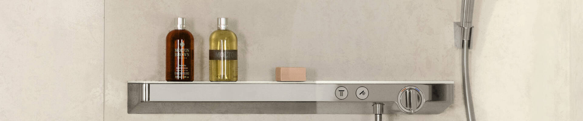 Dusjtermostat med hylle og Select trykknapper: hansgrohe ShowerTablet Select. Dusjtermostat med hylle og Select trykknapper: hansgrohe ShowerTablet Select.