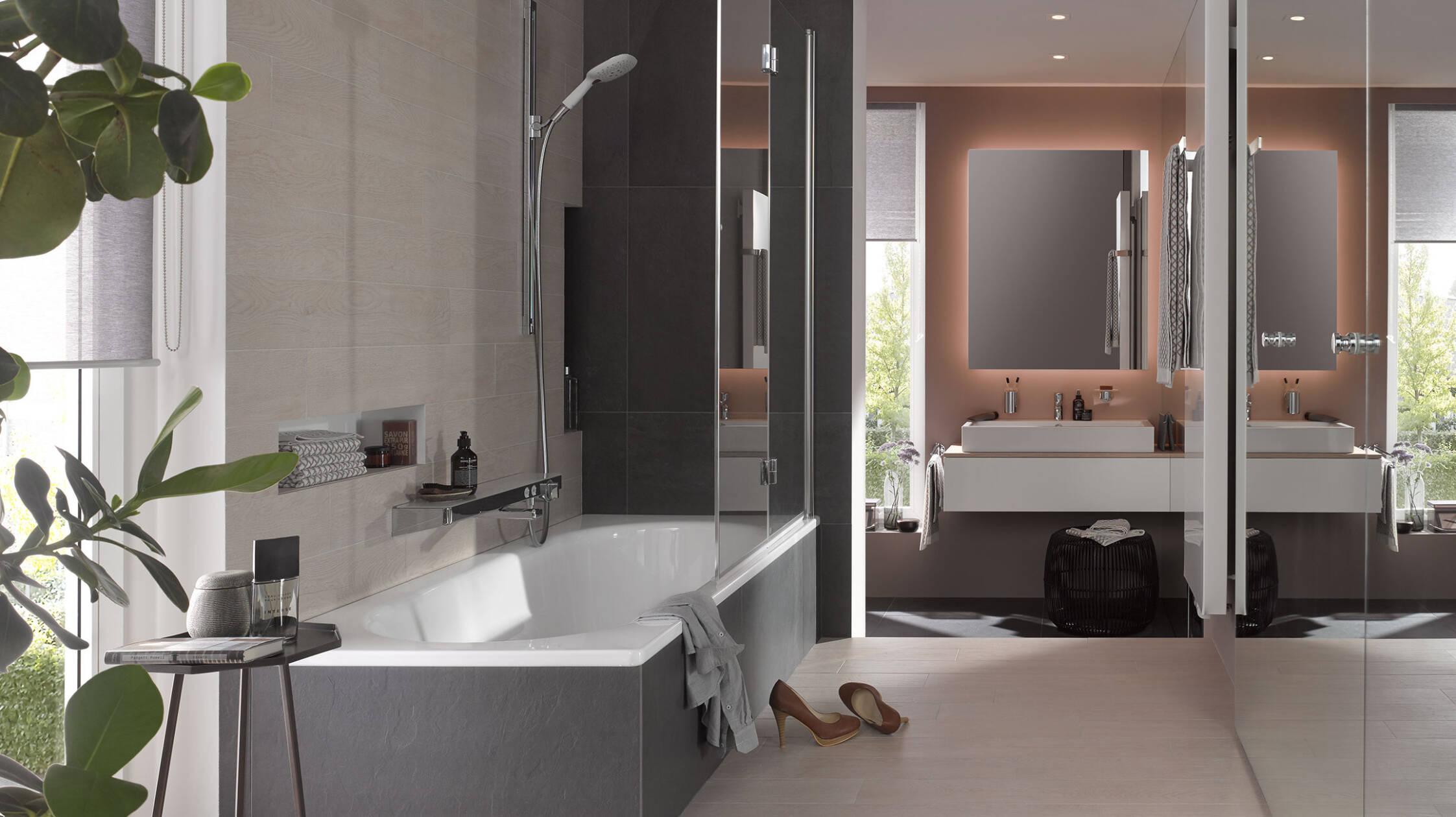 Elegant, narrow bathroom with a mirrored wall.