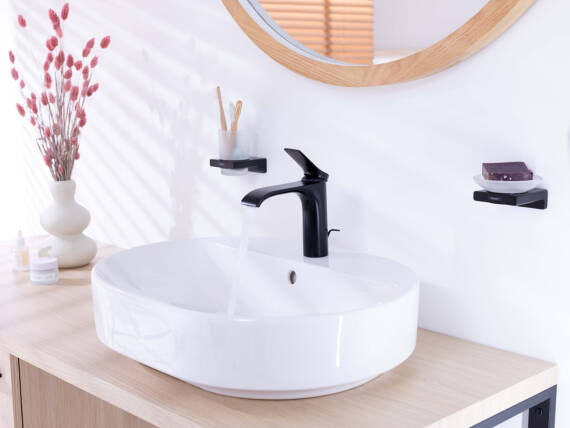 XtraStoris shower niches with bronze-colored frames.