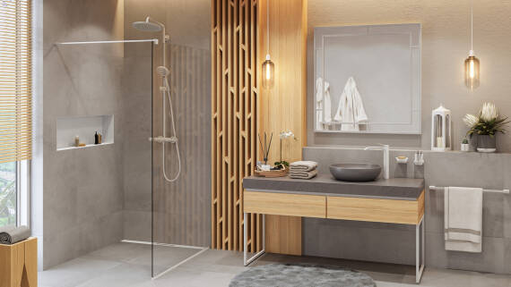Volledig met hansgrohe ingerichte droombadkamer in mat wit.