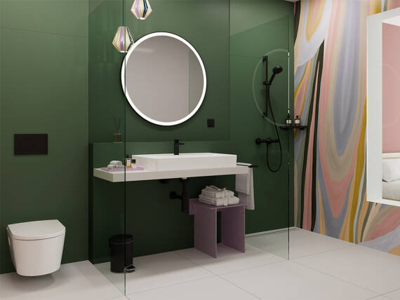 Modernes Bad mit grünen Wänden und Walk-in-Dusche.