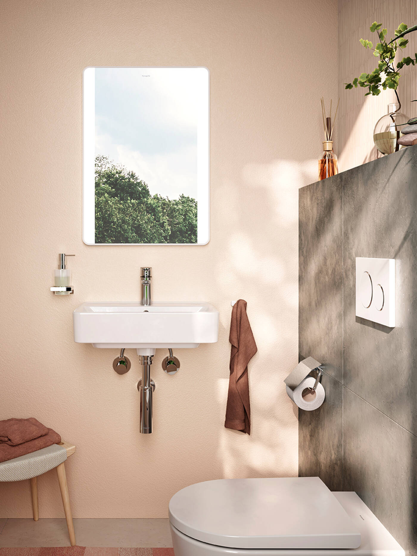 Linear Xarita Lite Q mirror lights up the small guest bathroom.