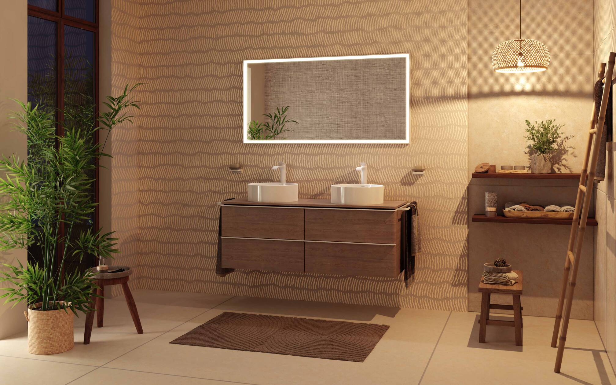 Modernes Bad mit Doppelwaschbecken und Holzkonsole.