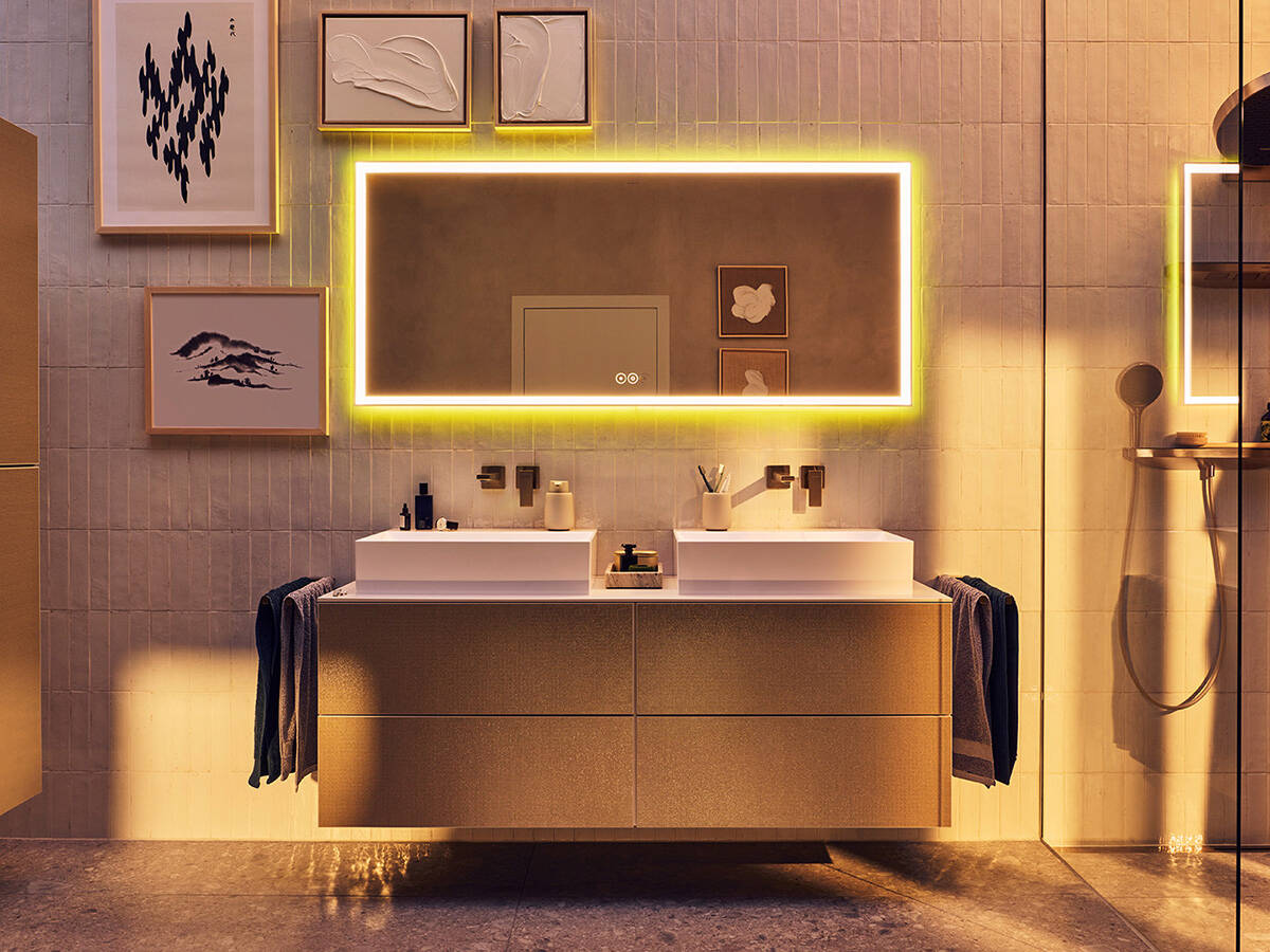 Xevolos E vanity unit with console and two separate wash basins.