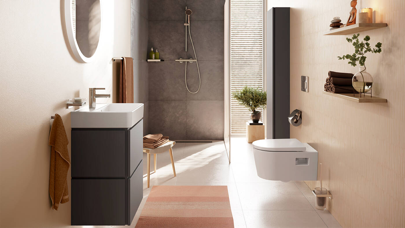 Xilesa E in a small bathroom with shower.