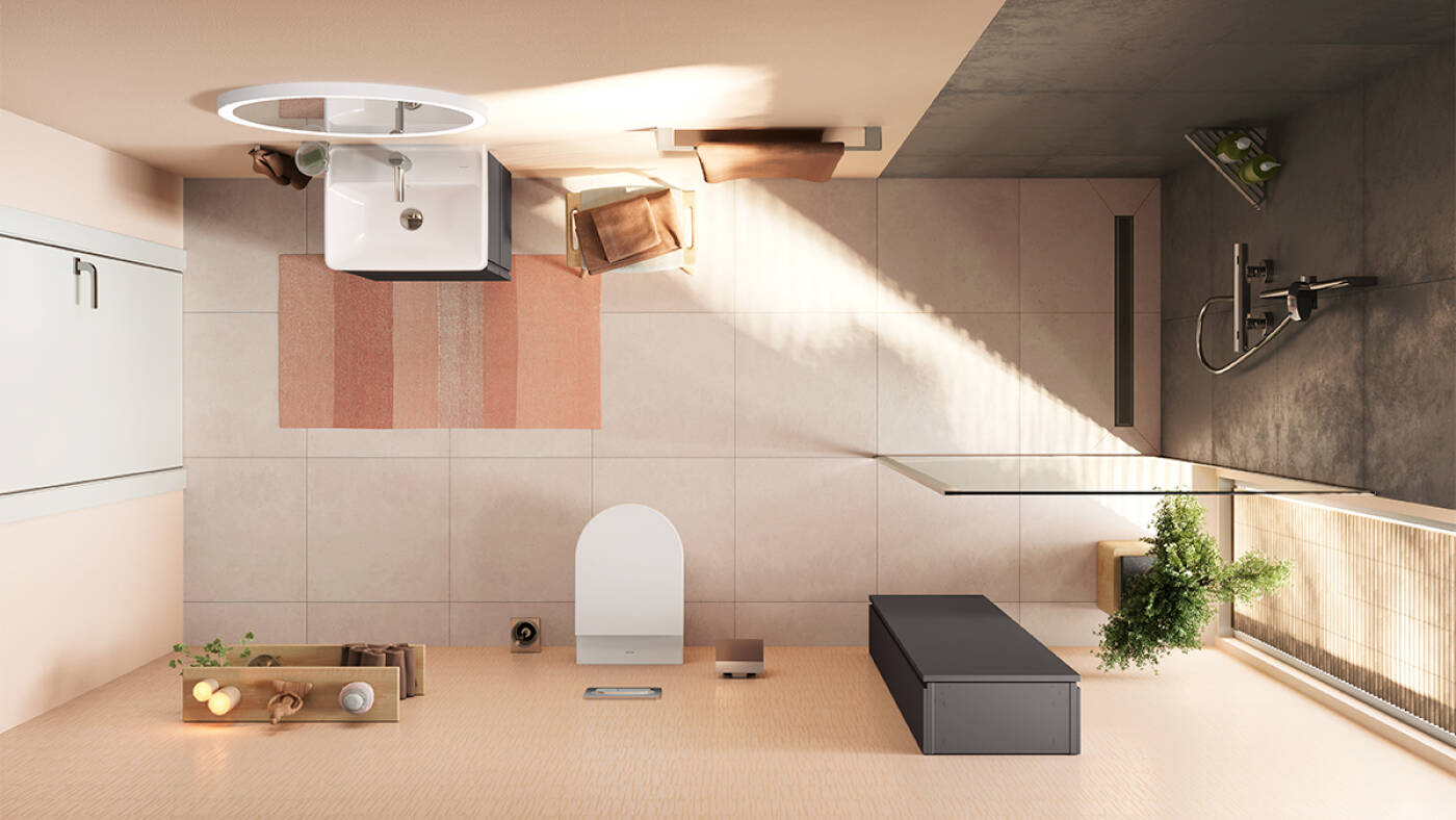 Compact bathroom with shower, viewed from above.