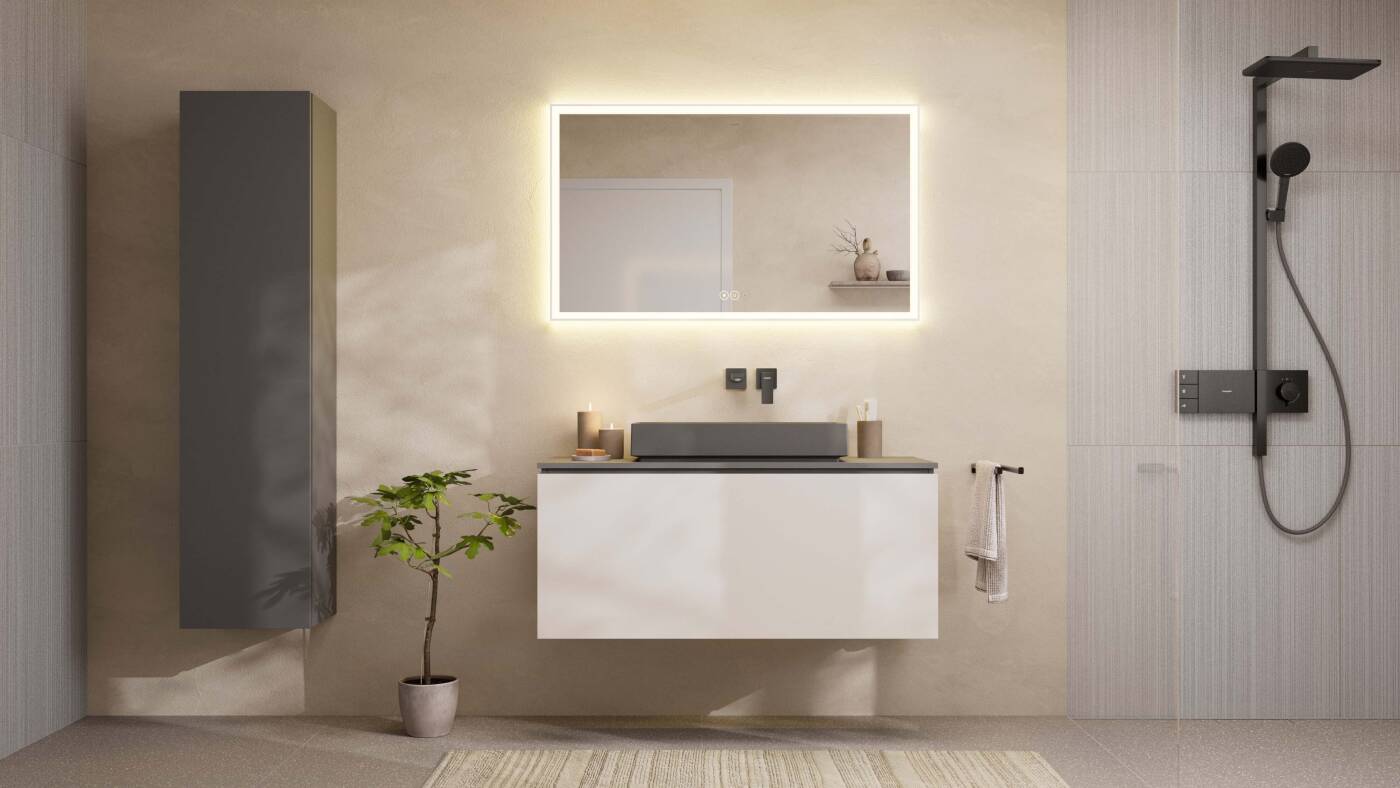 Xuniva Evo gecombineerd met rechthoekige hansgrohe meubels.