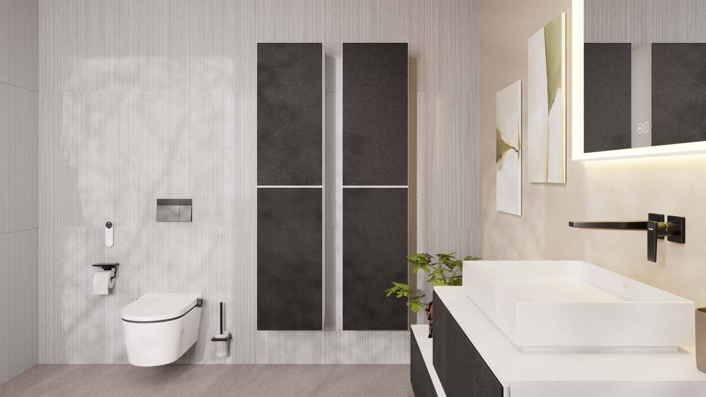 Rechte opzetlavabo in totaalconcept van hansgrohe voor de badkamer.