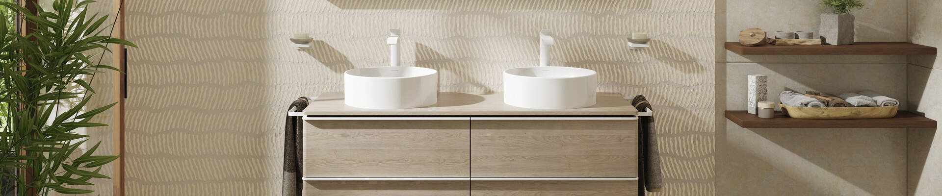 Rundes Xuniva S Aufsatzwaschbecken auf Xelu Q Badmöbel.	