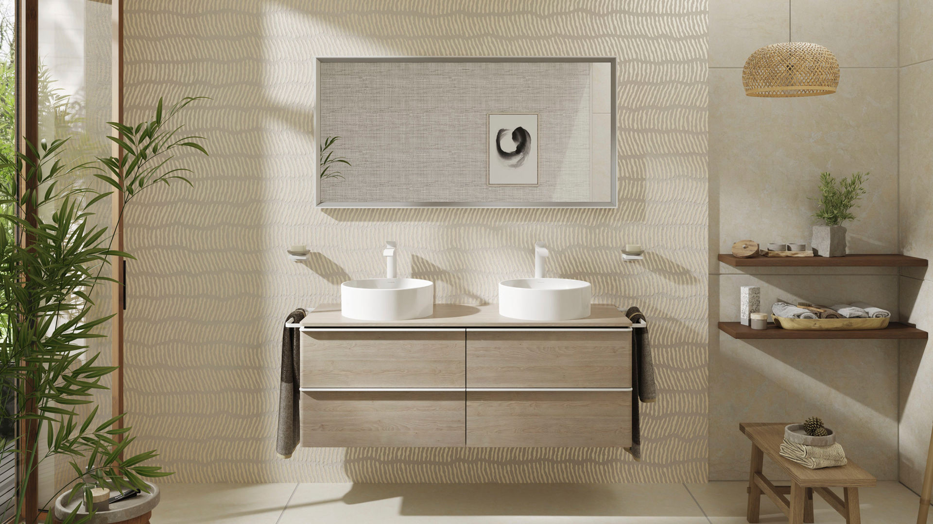 Round Xuniva S counter top wash bowl on Xelu Q bathroom furniture.