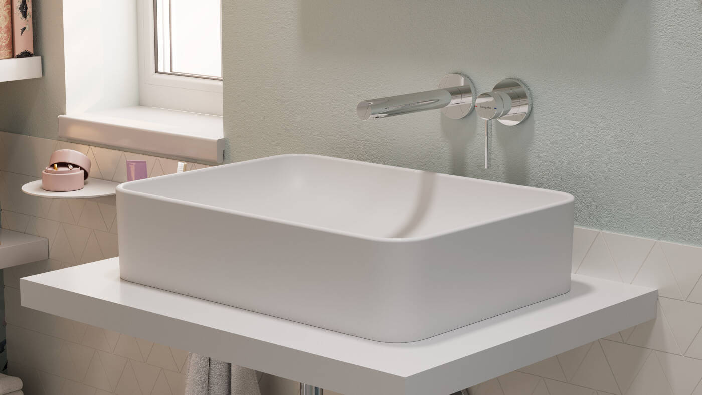 Wall-mounted hansgrohe Zesis S lavatory faucet.