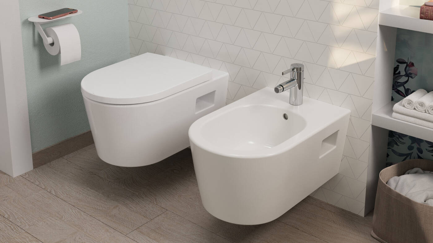Zesis S bidet faucet in matching hansgrohe bathroom.