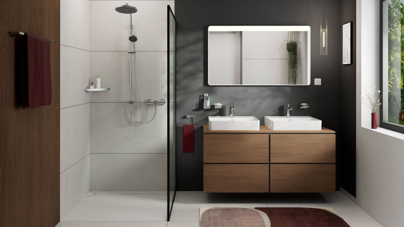 Zesis S faucets from hansgrohe throughout the bathroom.
