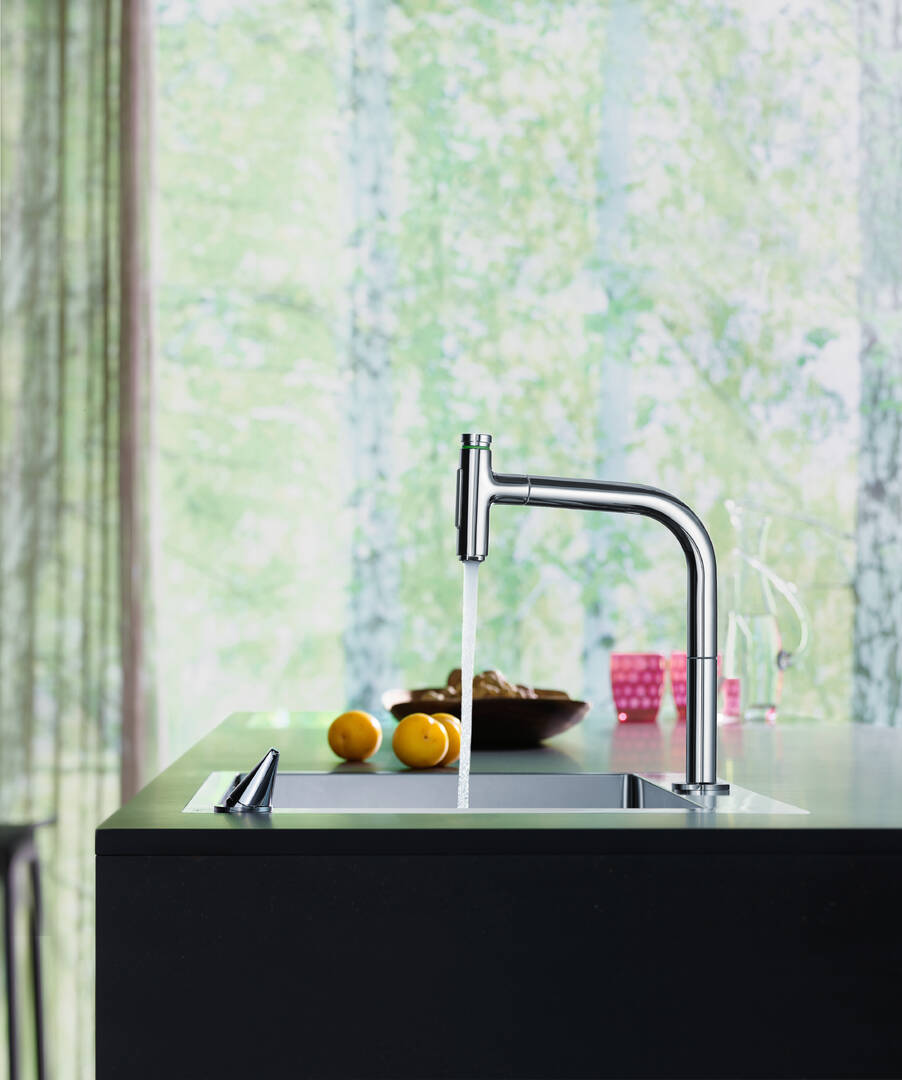 Close-up: 2-hole single lever kitchen mixer 200  pull-out spray