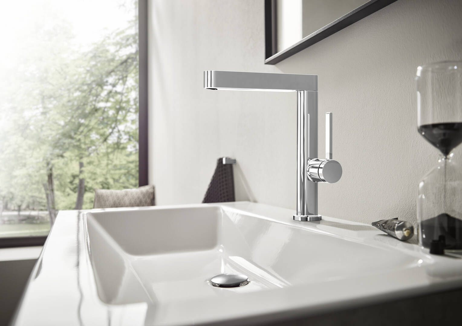 Close-up: Single lever basin mixer 230 with swivel spout and push-open waste set 1