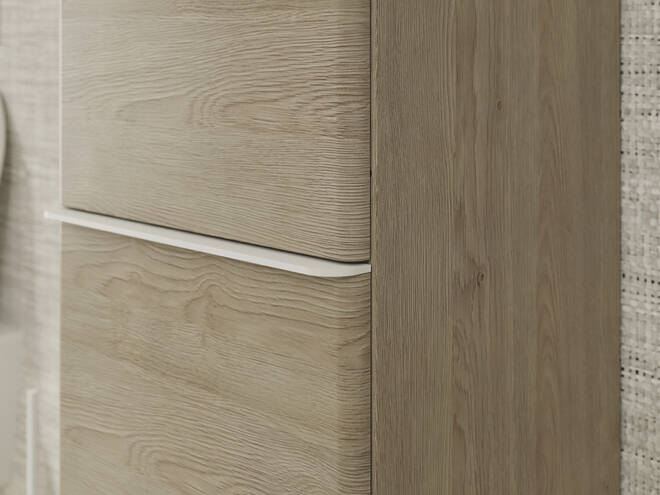 Detailný pohľad: vysoká skrinka prírodný dub 400/350  závesy dvierok vľavo