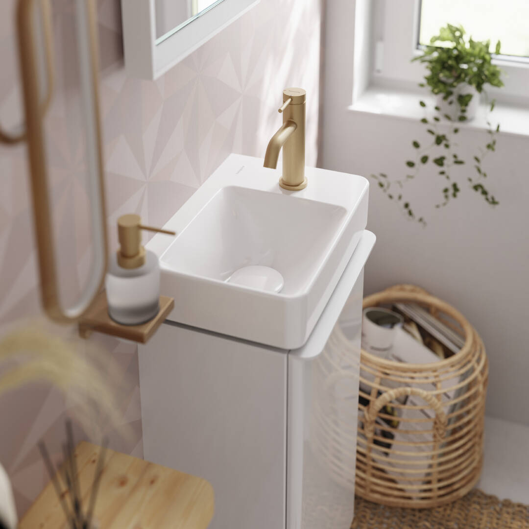 Close-up: Handrinse basin with shelf right 360/250 with tap hole without overflow  SmartClean