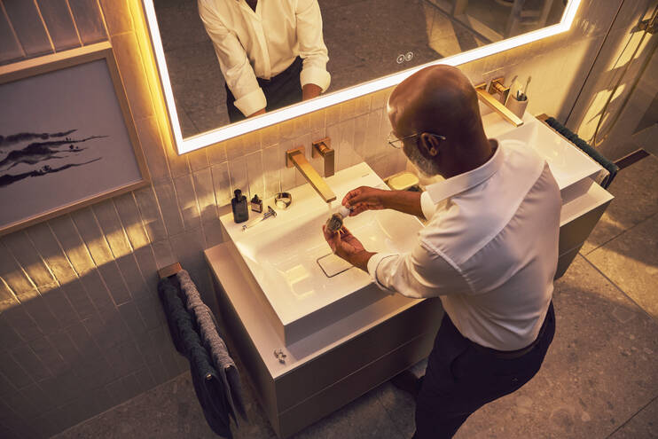 Close-up: Single lever basin mixer for concealed installation wall-mounted with lever handle and spout 22 5 cm