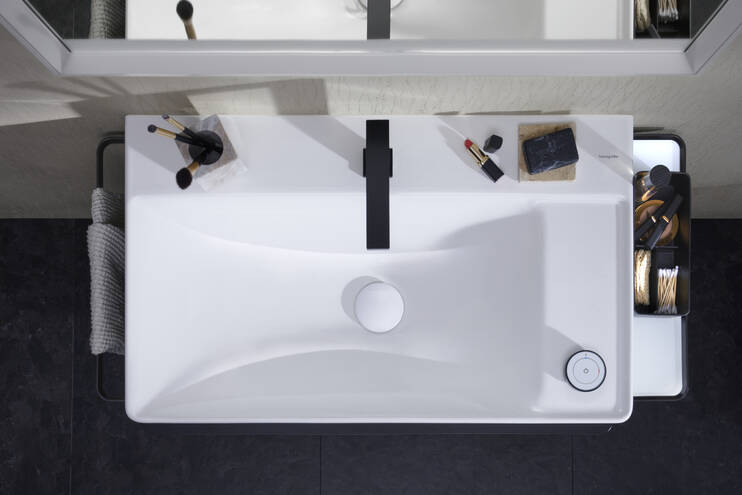 Detailní pohled: Umyvadlo s poličkou vpravo 800/480 se 2 otvory pro baterii bez přepadu  SmartClean