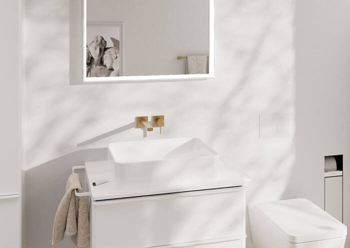 Primo piano: Base sottolavabo con 2 cassetti Bianco Lucido 780/550 per top con foro centrale 13