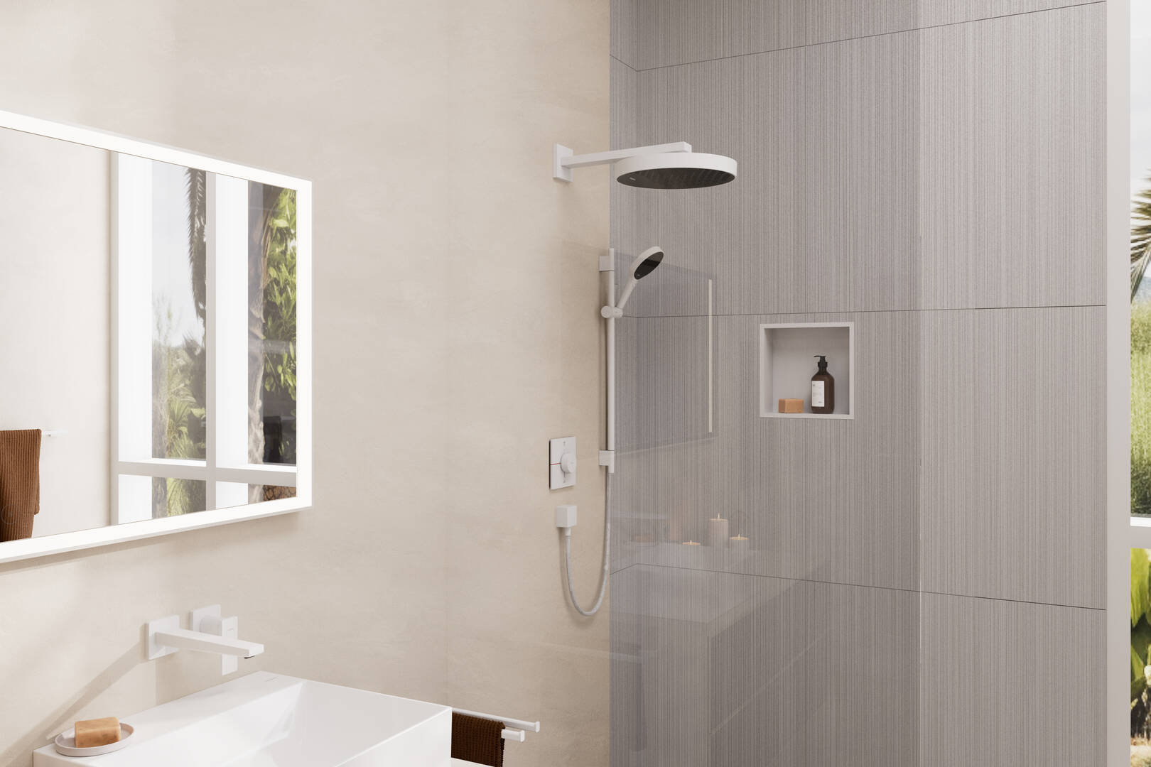 Close-up: Shower set 130 3jet with shower bar S Puro 65 cm  push slider and Designflex textile shower hose 160 cm