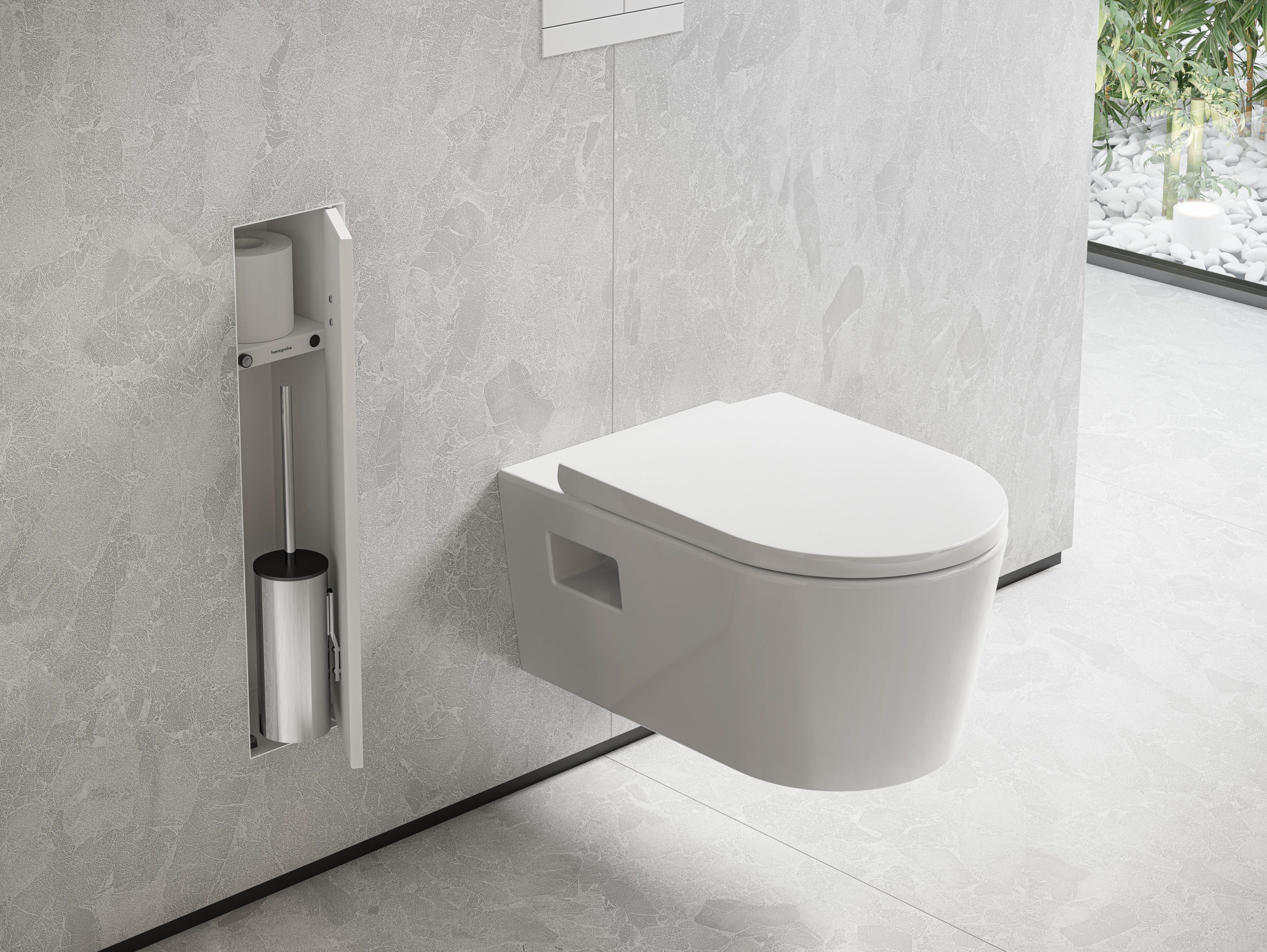 Close-up: Recessed toilet brush holder with storage shelf and tileable door 1