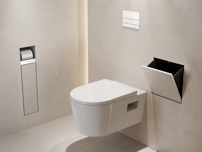 Close-up: Väggnisch med papperskorg och kakelbar dörr 300/300/100 1