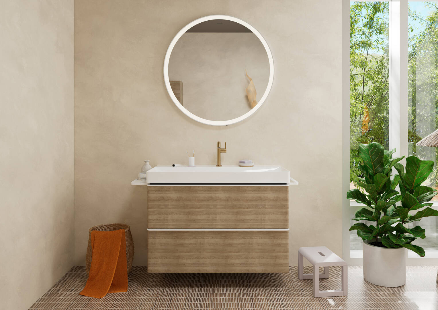 Close-up: Vanity unit Natural Oak 980/475 with 2 drawers for wash basin 2