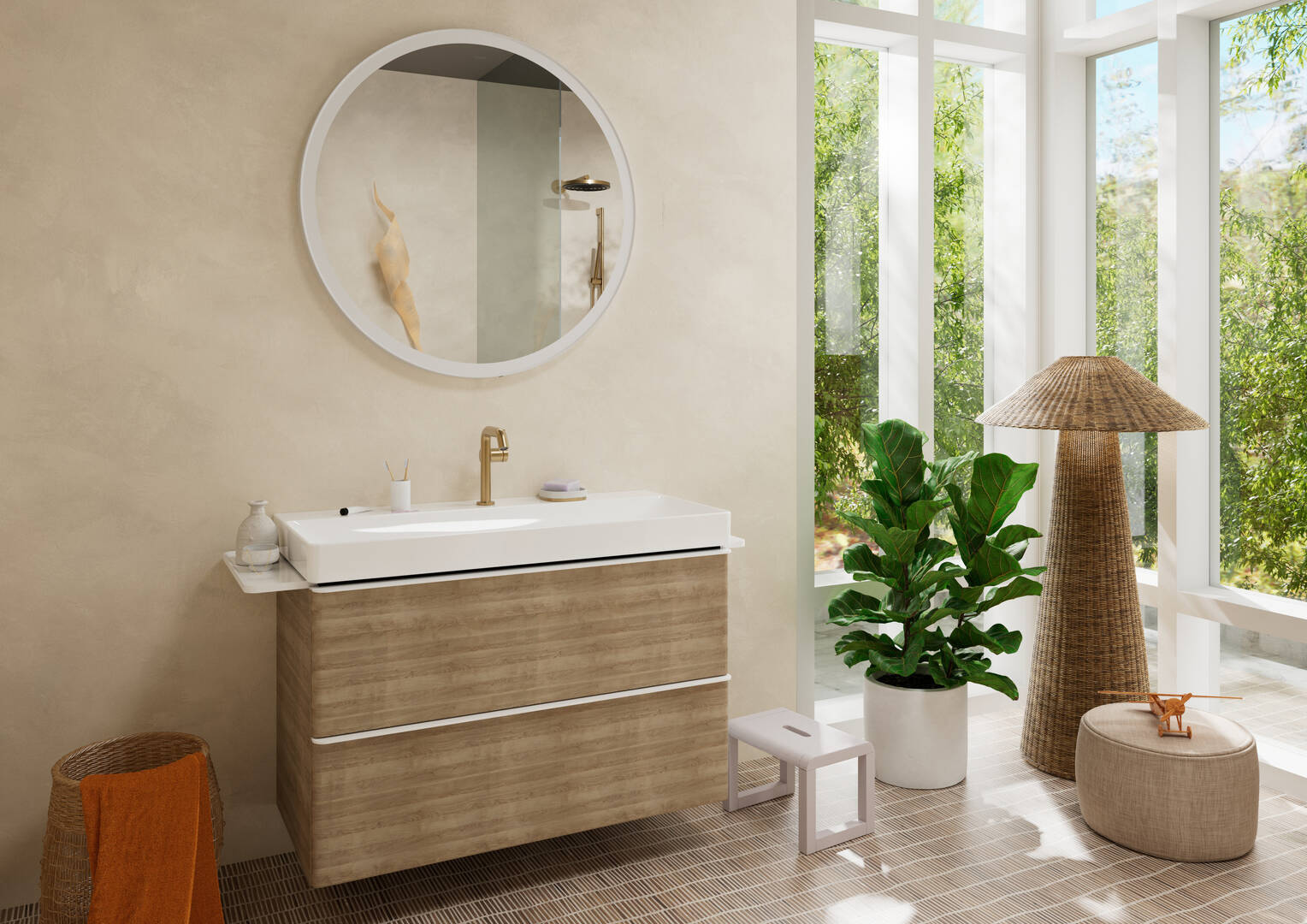 Close-up: Vanity unit Natural Oak 980/475 with 2 drawers for wash basin 1