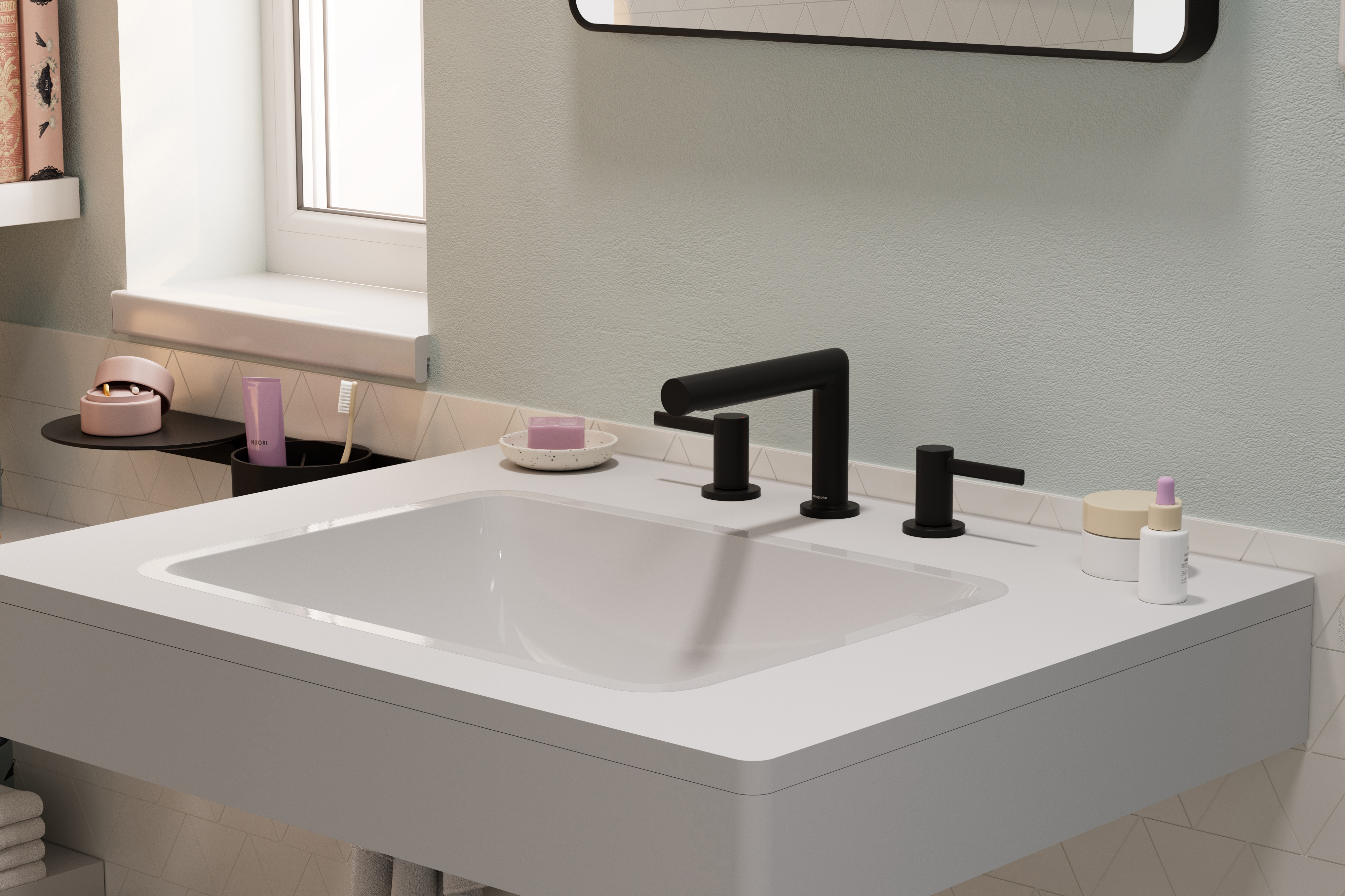 Close-up: 3-håls tvättställsblandare 100 med lyftventil 1