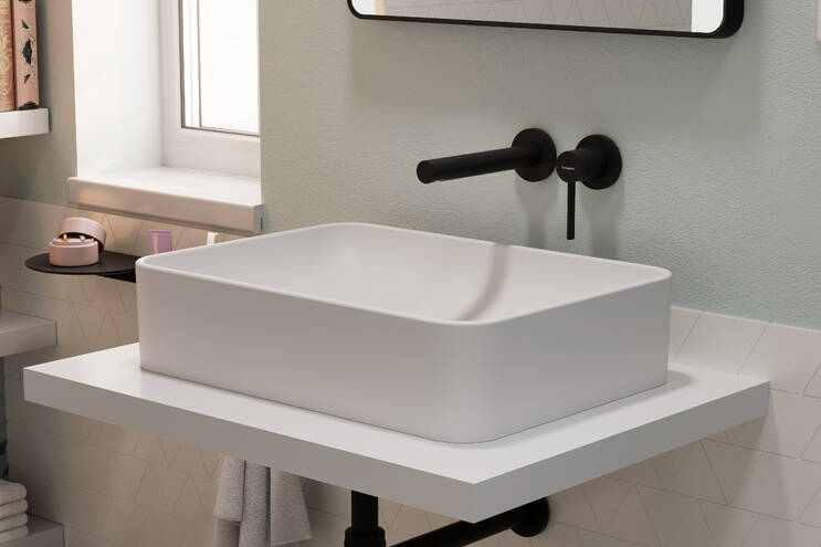 Close-up: 1-grepps tvättställsblandare för inbyggnad i vägg med 19 4 cm pip