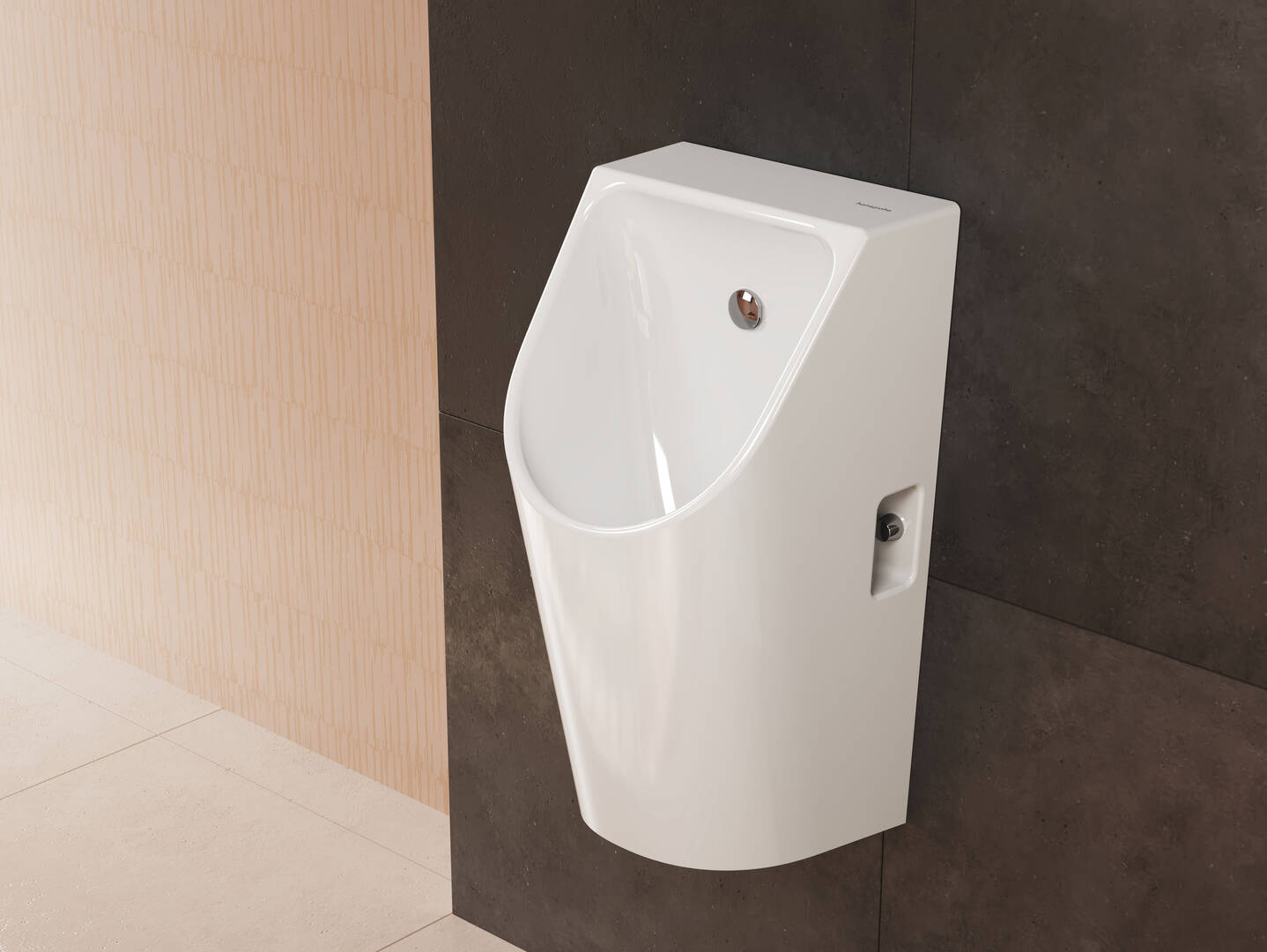 Close-up: Urinal with top water supply and bottom/rear outlet rimless  HygieneEffect