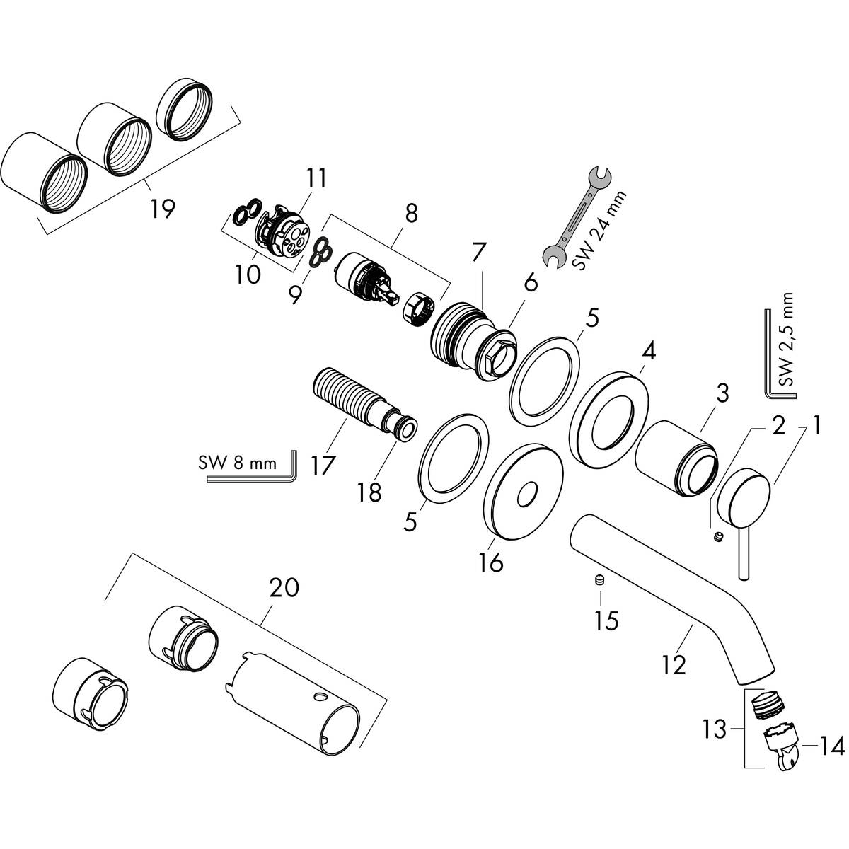 hansgrohe Mitigeurs de lavabo: Tecturis S, Mitigeur de lavabo encastré mural,  bec 22.5 cm, bonde à écoulement libre, N° article 73351000