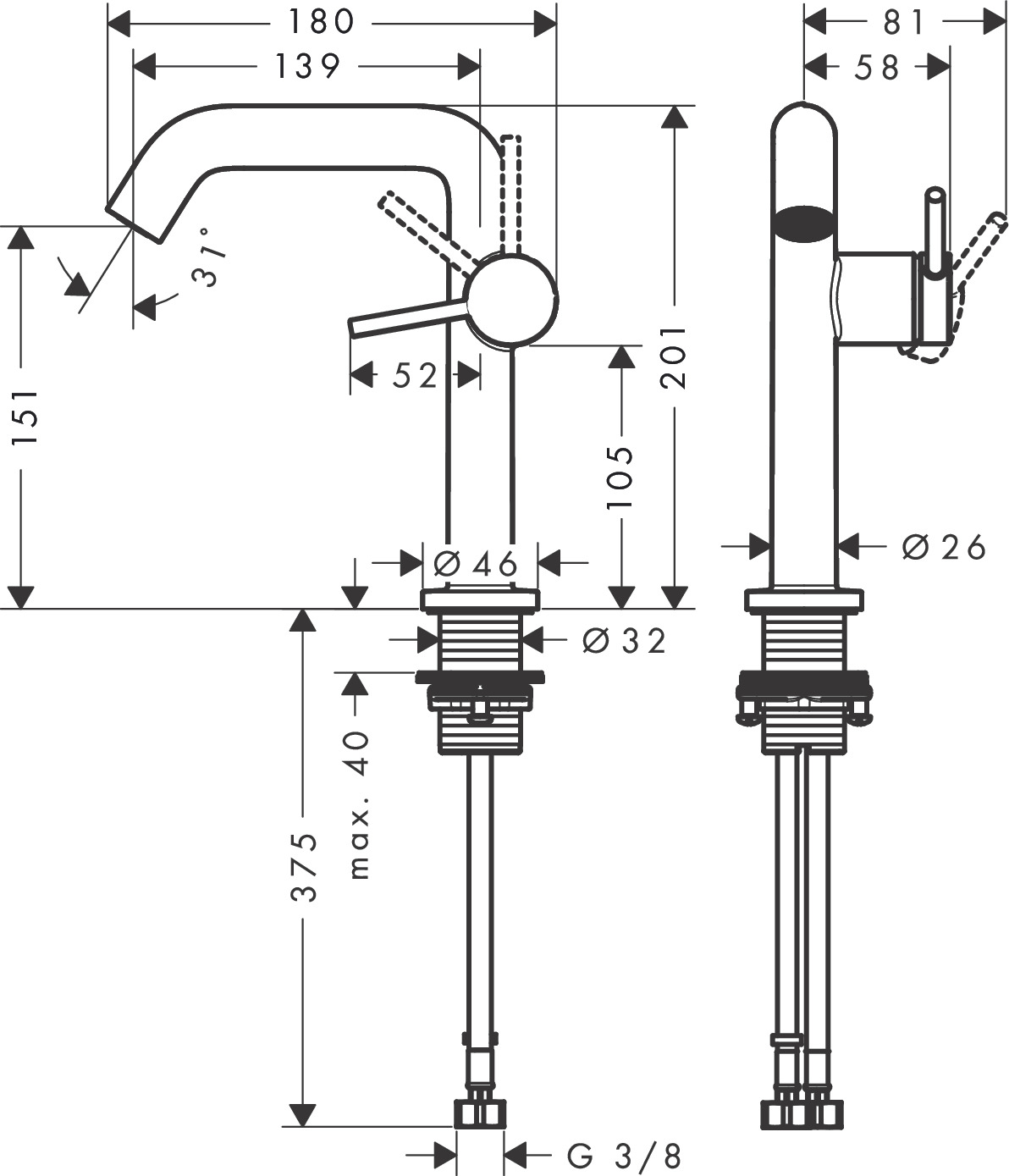 hansgrohe Washbasin mixers: Tecturis S, Single lever basin mixer