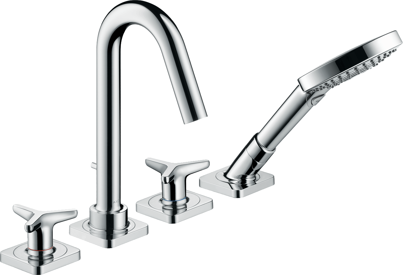 4-hole rim mounted bath mixer with star handles and escutcheons