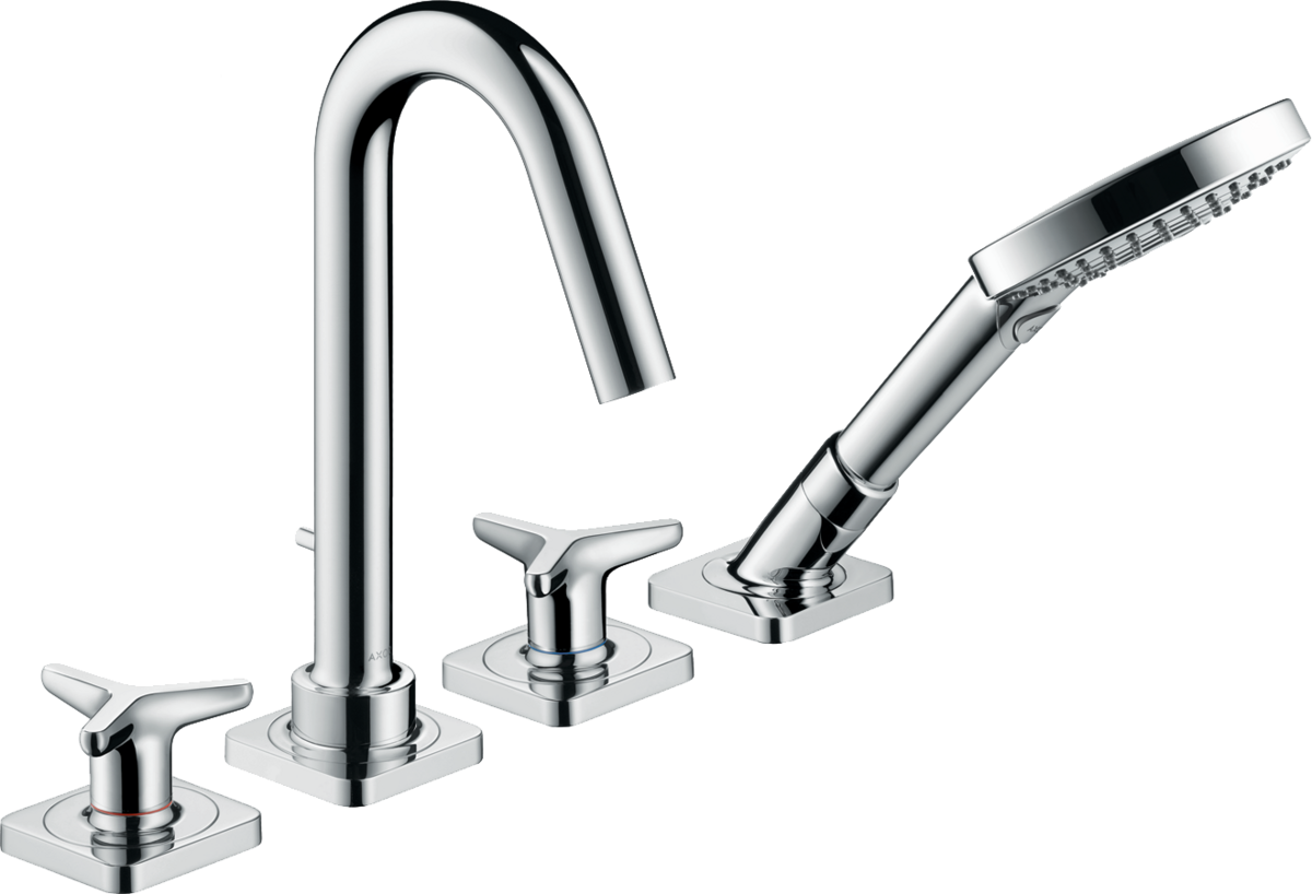 4-hole rim mounted bath mixer with star handles and escutcheons
