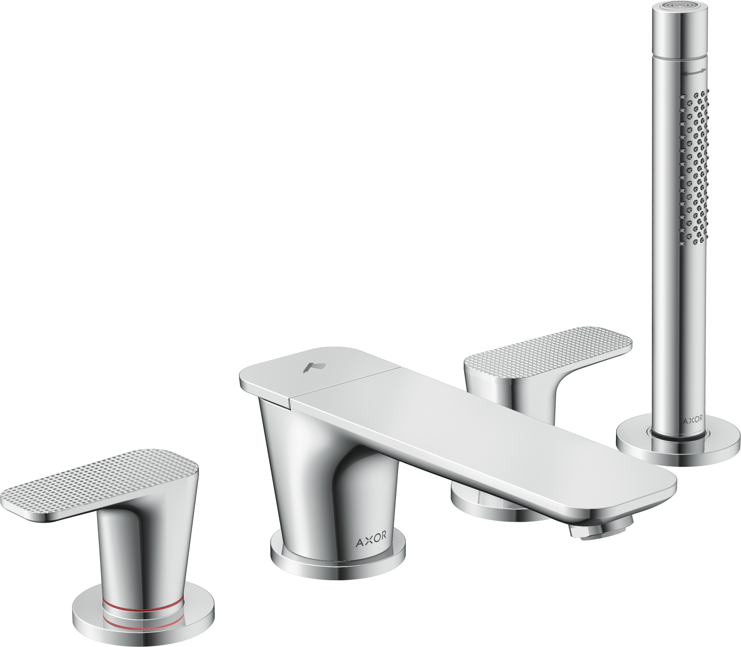 四孔翻边安装浴缸龙头，带立方体切割设计把手