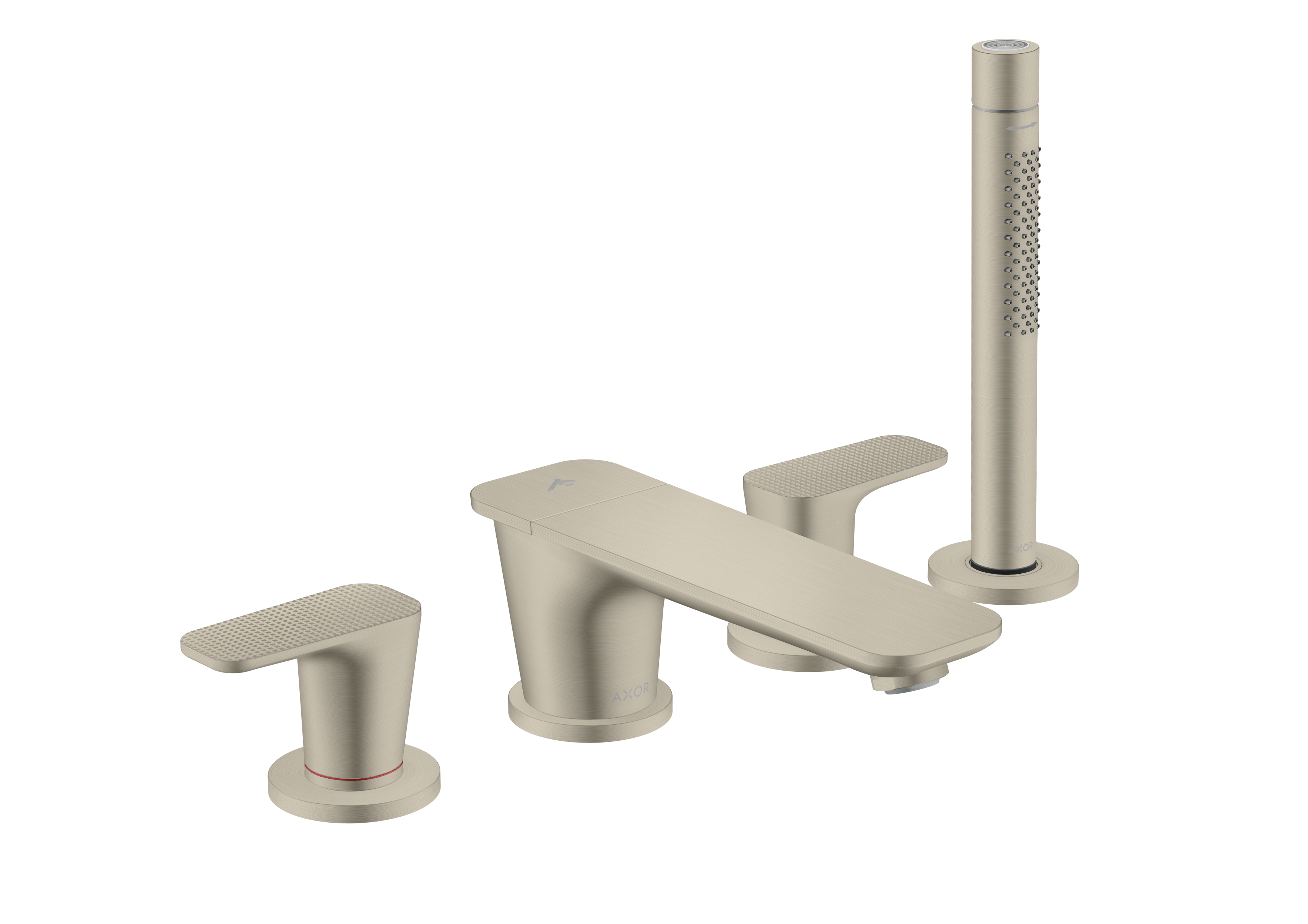 四孔翻边安装浴缸龙头，带立方体切割设计把手