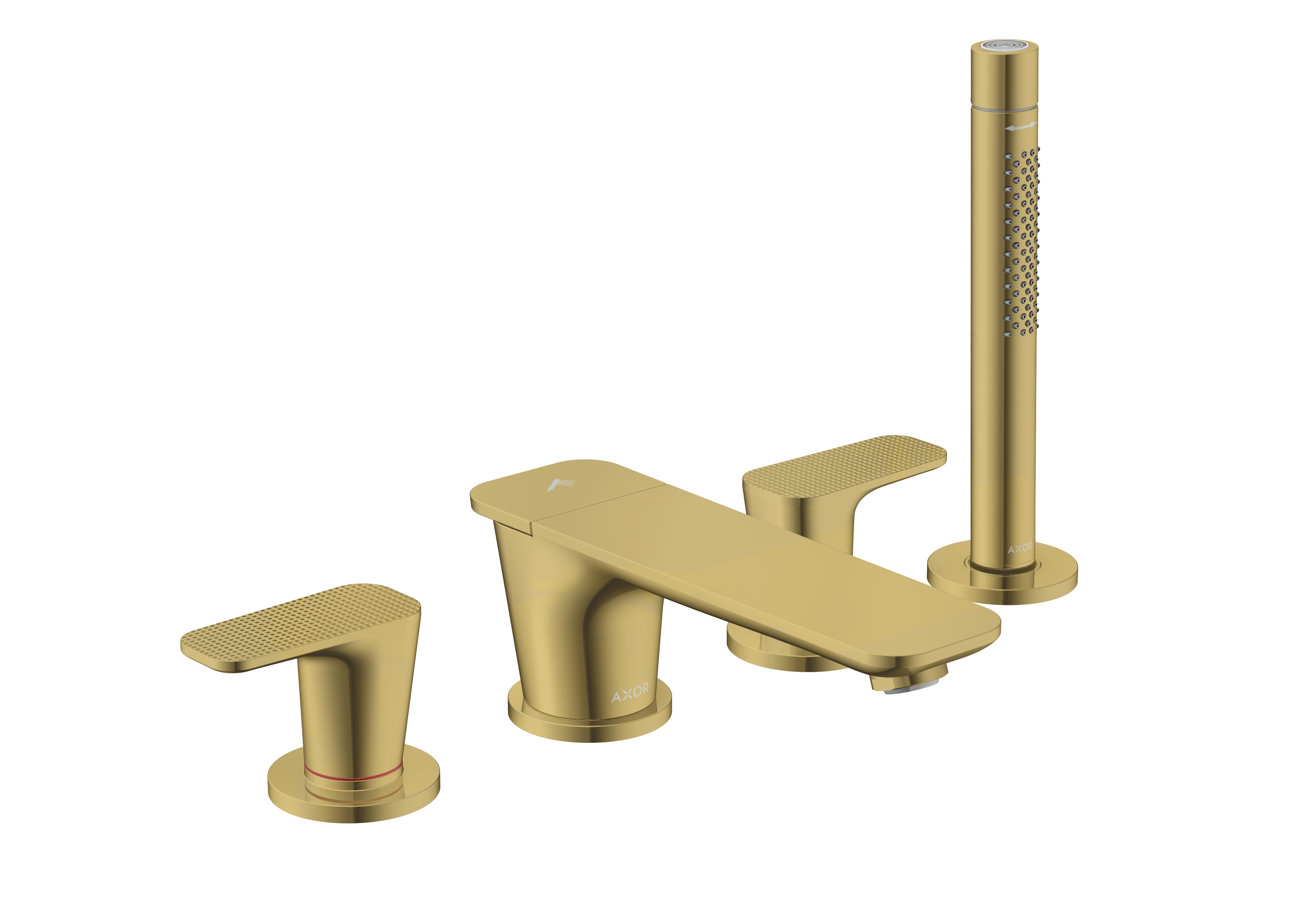 四孔翻边安装浴缸龙头，带立方体切割设计把手