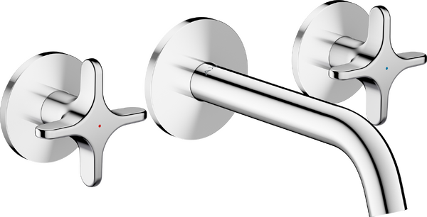 3-gats inbouw wastafelkraan wandmontage, uitloop 160mm met kruisgrepen