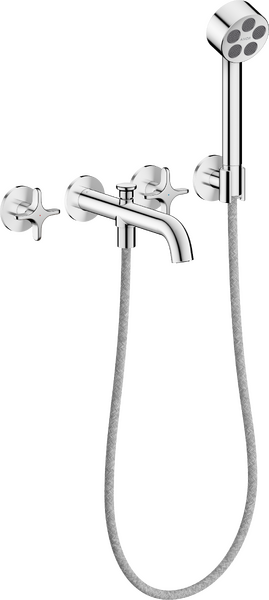 3-gats inbouw badkraan wandmontage met handdouche en kruisgrepen