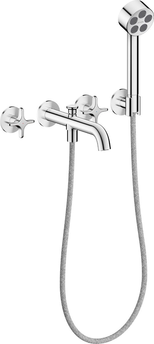 3-hole bath mixer for concealed installation wall-mounted with cross handles and hand shower