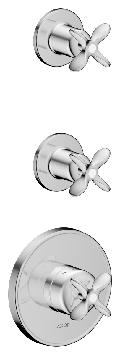 Thermostatic module for concealed installation for 2 functions with cross handles