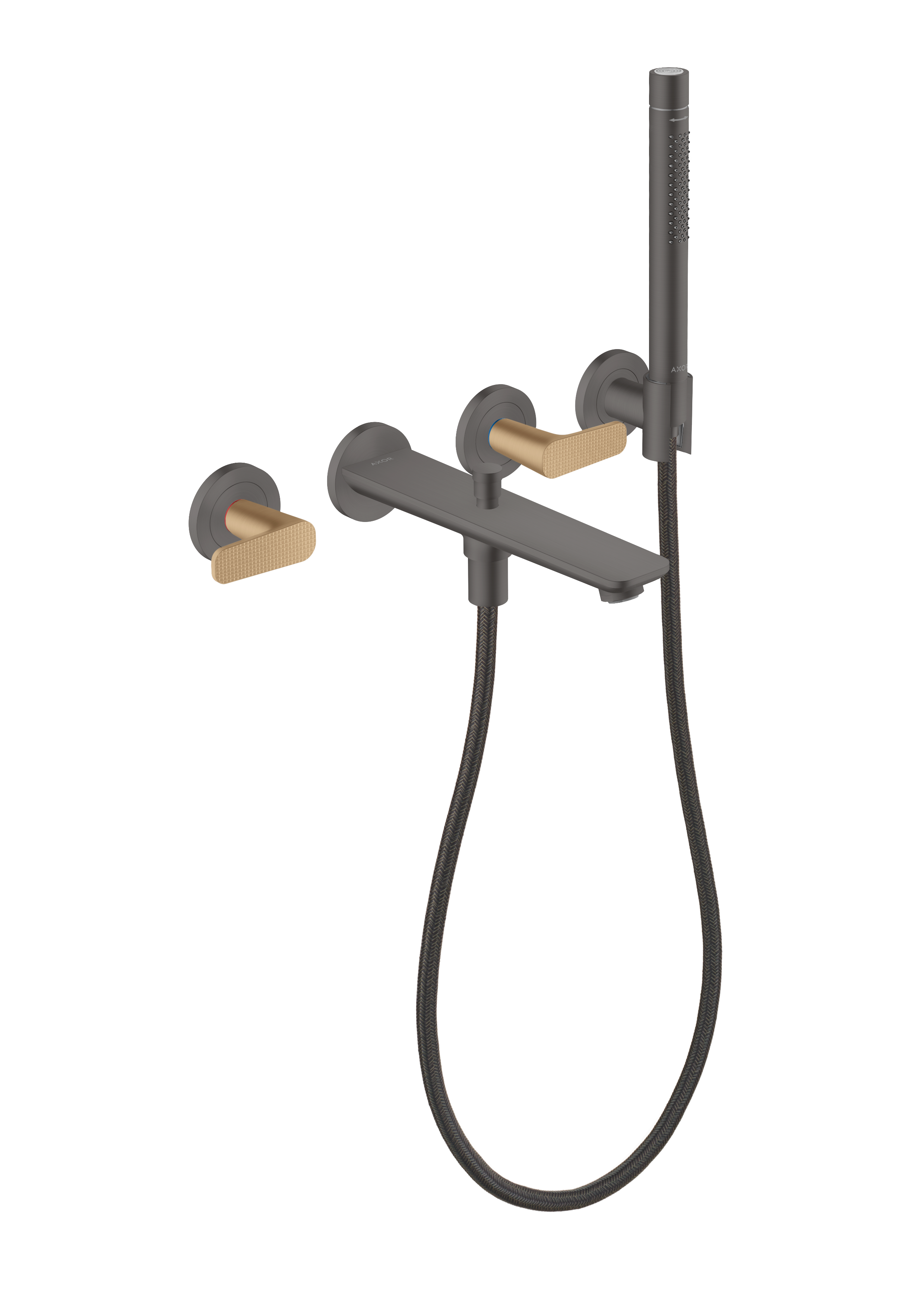3-hole bath mixer for concealed installation wall-mounted with hand shower - cubic cut (highlight: handle)