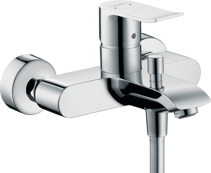 Single lever manual bath mixer for exposed installation