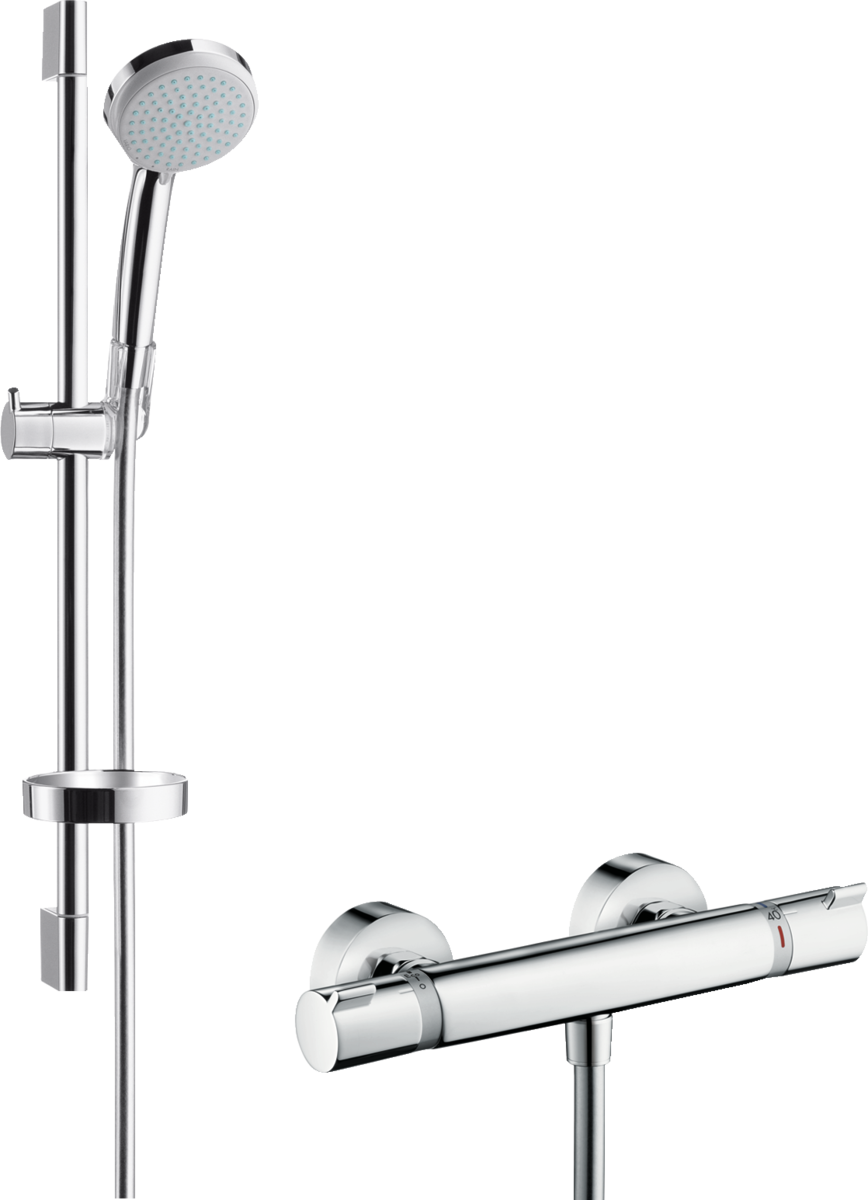 hansgrohe Shower combination: Croma 100, Shower system for exposed installation EcoSmart 9 l/min with Ecostat Comfort thermostat and shower bar 65 cm, Item No. 27032000 | hansgrohe INT